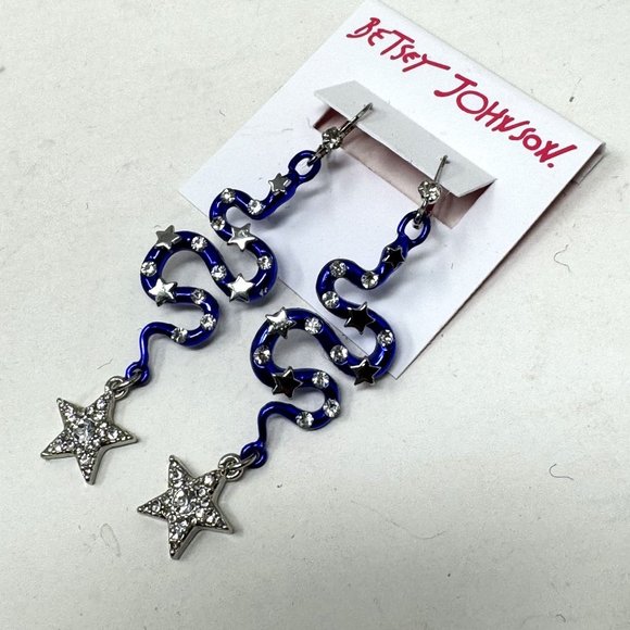 Betsey Johnson Cobalt Blue Rhinestone Shake & Star Earrings Leaver backs Silver - Picture 5 of 9